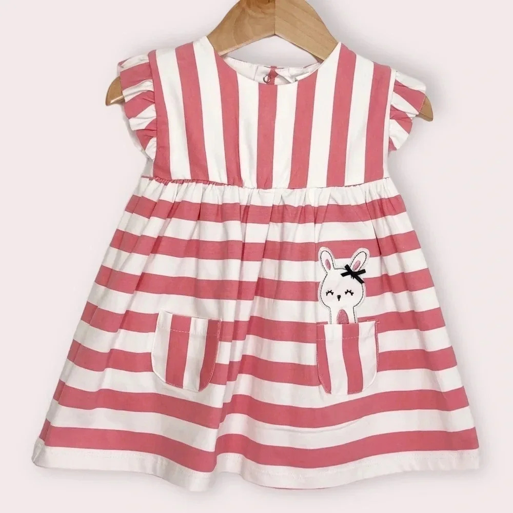 NWT Mayoral dress short sleeve‎ pink and white stripes size 6-9 months